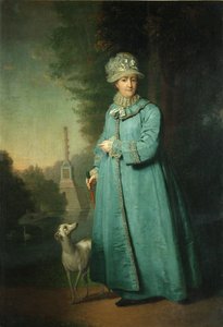 Catharina II wandelend in het park van Tsarskoye Selo met de Chesme-zuil op de achtergrond door Vladimir Lukich Borovikovsky