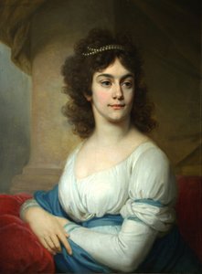 Portret van een onbekende vrouw in witte jurk met blauw lint, eind 1790s door Vladimir Lukich Borovikovsky