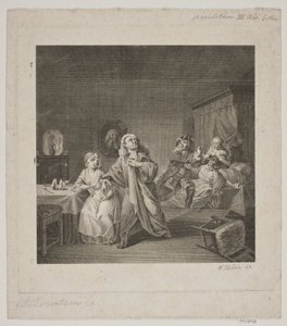 Barselsstuen III. akt 6. scène. Gravure naar Lorenzens Holberg Galleri door WIlhelm Heuer