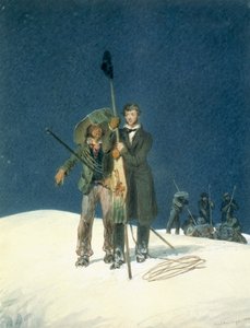 Charles Fellows met William Hawes, plant een stok op de top, opgenomen als een invoeging in A Narrative of an Ascent to the Summit of Mont Blanc door Charles Fellows (1799-1860), gepubliceerd 1827 door W.S. Hastings