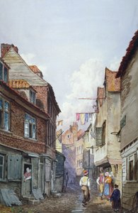 Uitzicht op figuren in Glean Alley, Bermondsey, Londen, ca. 1825 door W Barker