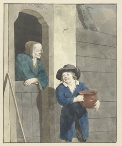 Jongen met een pot bij een vrouw leunend op een onderdeur door W. Barthautz