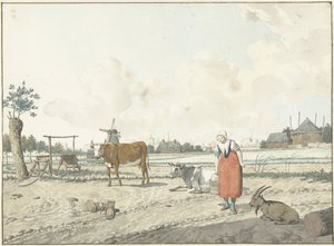 Landschap met boerin en vee door W. Barthautz