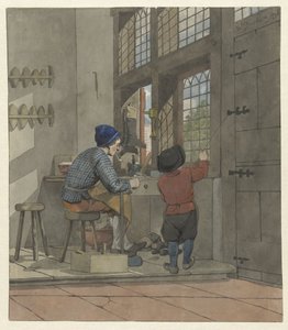 Schoenmaker in zijn werkplaats door W. Barthautz