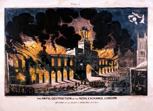 De verschrikkelijke vernietiging van de Royal Exchange, tweede brand, Londen door W Clerk