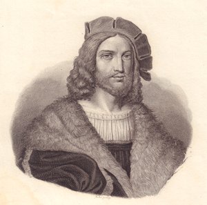 Portret van Italiaanse dichter Antonio Tebaldeo (1463-1537), kopergravure naar schilderij door Raphael door John Ward Dunsmore