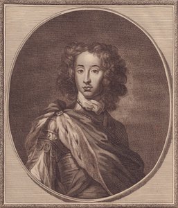 Portret van Willem van Denemarken en Noorwegen, hertog van Gloucester (1689-1700), kopergravure door John Goldar naar schilderij van G Kneller door John Ward Dunsmore