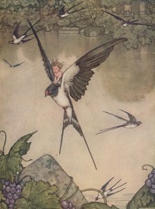 Ja, ik zal met je meegaan! zei Tommelise, ca. 1930 door William Heath Robinson