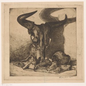 Stilleven met runderschedel, kruik en lap door W. Marchal
