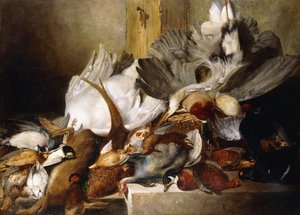Een Stilleven van Dode Vogels; Een Reiger Hangend aan een Muur, Eend, Fazant, Patrijs, Houtsnip, een Zwaan en een Duif met een Haas, 1845 door W. Oakes