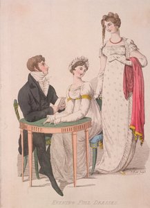 Twee vrouwen en een man in volledige avondkleding, c1810