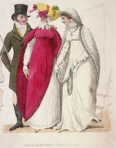Twee vrouwen in wandeljurken vergezeld door een man, ca. 1810 door W Read