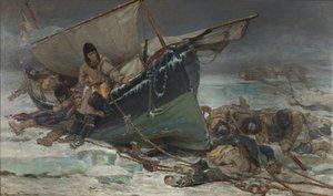 Sir John Franklin sterft bij zijn boot tijdens de Noordwestelijke Doorvaart-expeditie van HMS 