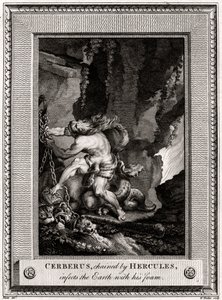 Cerberus, geketend door Hercules, besmet de aarde met zijn schuim