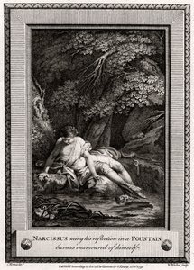 Narcissus ziet zijn reflectie in een fontein en wordt verliefd op zichzelf door W. Walker