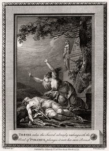 Thisbe neemt het zwaard dat al druipt van het bloed van Pyramus en steekt het in...
