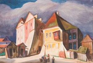 Uitzicht op Kazimierz aan de Wisła door Władysław Skoczylas