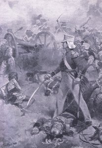 Chilianwala, 13 januari 1849: Het lichaam van Pennycuick bewaakt door zijn zoon, illustratie uit Britse gevechten op land en zee, 1915 door Wal Paget
