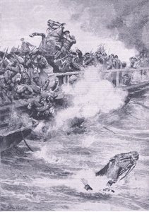 Sevastopol: De terugtocht over de brug van boten, illustratie uit Britse gevechten op land en zee, 1915