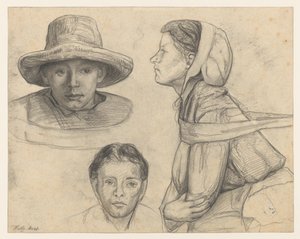 Studieblad met twee koppen en face en een vrouwenfiguur ten halven lijve en profil naar links door Wally Moes