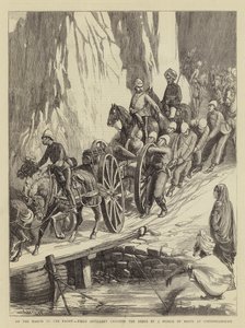 Op Mars naar het Front, Veldartillerie die de Indus oversteekt via een Brug van Boten bij Khooshiahgurh