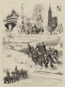 De manoeuvres van het Duitse leger, schetsen in Straatsburg tijdens het bezoek van de keizer