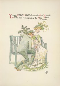 Een jonge man die een jonge vrouw het hof maakt, Miss Meadow door Walter Crane