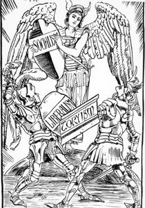 Allegorie van Walter Crane: Socialisme triomfeert hard in de strijd tussen liberalisme en Toryisme (Engelse Conservatieve Partij). Gravure uit het einde van de 19e eeuw