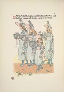 Bruidsmeisjes in vergeet-mij-niet blauwe ladysmocks door Walter Crane