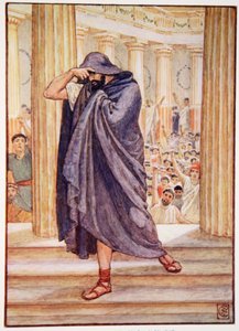 Hij verliet de vergadering met zijn gezicht verborgen in zijn mantel, illustratie uit Het verhaal van Griekenland door Mary Macgregor, eerste editie, 1913 door Walter Crane