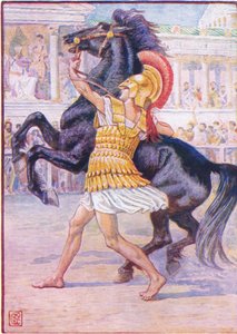 Hij rende naar het paard en greep de teugel, illustratie uit The Story of Greece, 1930s door Walter Crane