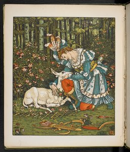 Illustratie voor het verhaal, de hinde in het bos door Walter Crane