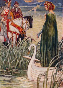 Koning Arthur vraagt de Dame van het Meer om het zwaard Excalibur door Walter Crane