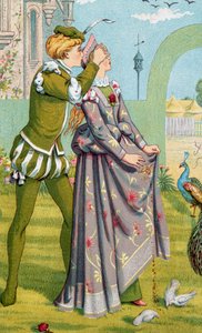 "De romantische verrassing" Een jongetje bedekt de ogen van een jong meisje. Illustratie door Walter Crane (1845-1915) en Kate Greenaway (1846-1901)