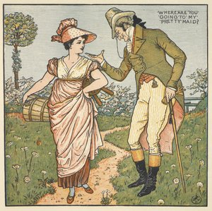 Mijn mooie meid. Een heer die met een jonge vrouw praat. door Walter Crane