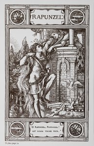 Rapunzel leunt uit het raam van een toren terwijl een prins aan haar haar omhoog klimt door Walter Crane