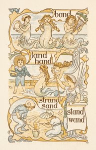 Rijmwoorden eindigend op de letter D. Zeemeerminnen. Kinderen bouwen zandkastelen op een strand. The Golden primer. door Walter Crane