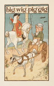 Rijmwoorden eindigend op de letter G. Een illustratie van een varken dat op een paard rijdt, en een ander dat een kar bestuurt. De Gouden primer.