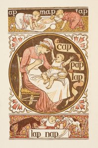 Rijmwoorden eindigend op de letter P. Een illustratie, die een vrouw toont die een kind voedt. The Golden primer. door Walter Crane
