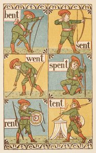 Rijmwoorden eindigend op de letter T. Een jongen met een boog en pijl. De Gouden primer. door Walter Crane