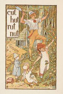 Rijmwoorden eindigend op de letter T. Een illustratie, die een man toont die een boom omhakt. Drie kinderen zijn bij hem. The Golden primer.