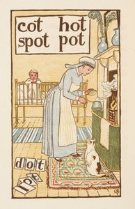 Rijmende woorden eindigend op de letter T. Een illustratie, die een verpleegster toont die een pot kookt voor een ziek kind. De Gouden primer. door Walter Crane
