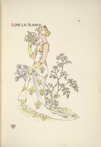Roos La France. Een jonge vrouw die aan een boeket bloemen ruikt door Walter Crane