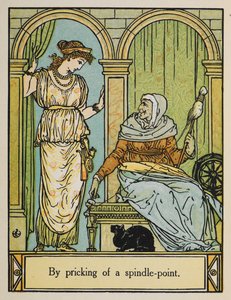 Doornroosje staat naast een oude vrouw met een spinnewiel en draad. Een zwarte kat zit eronder door Walter Crane