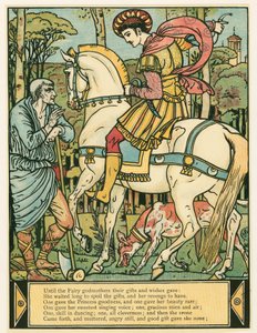 De prins vraagt de weg, uit Het Blauwbaard Prentenboek, uitgegeven 1879 door Walter Crane
