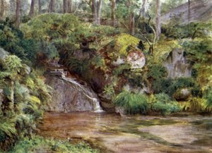 Een rotstuin in Nikko met Kwannon-beeld