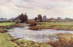 Wessex: De Stour, Wimborne Minster in de verte door Walter Frederick Roofe Tyndale