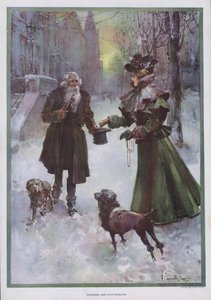 Armen en Plutocraten: rijke vrouw geeft geld aan een arme man op straat in de winter door Walter Granville Smith