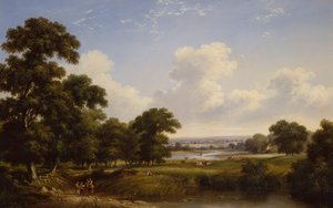 Boeren in een bebost rivierlandschap door Walter Heath Williams