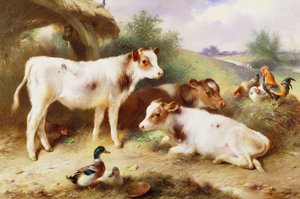 Kalveren en Pluimvee bij een Stal door Walter Hunt